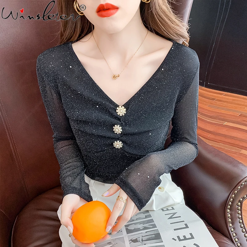 Fall Winter European Style Mesh T-shirt Fashion Sexy V-neck Drape Shiny  Dimaonds Button Women Tops Bottoming Shirt Tees T19211a - T-shirts -  AliExpress