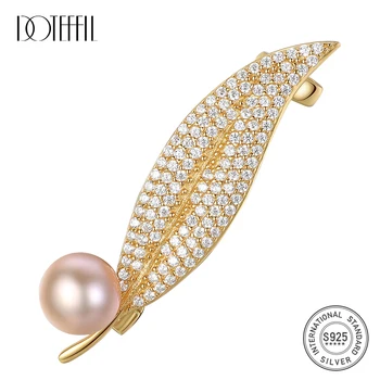

DOTEFFIL 925 Silver Gilt Brooch for Women Inlaid Zircon Pearl leaf Shaped Brooch Women Accessories Brooches Wedding Jewelry Gift