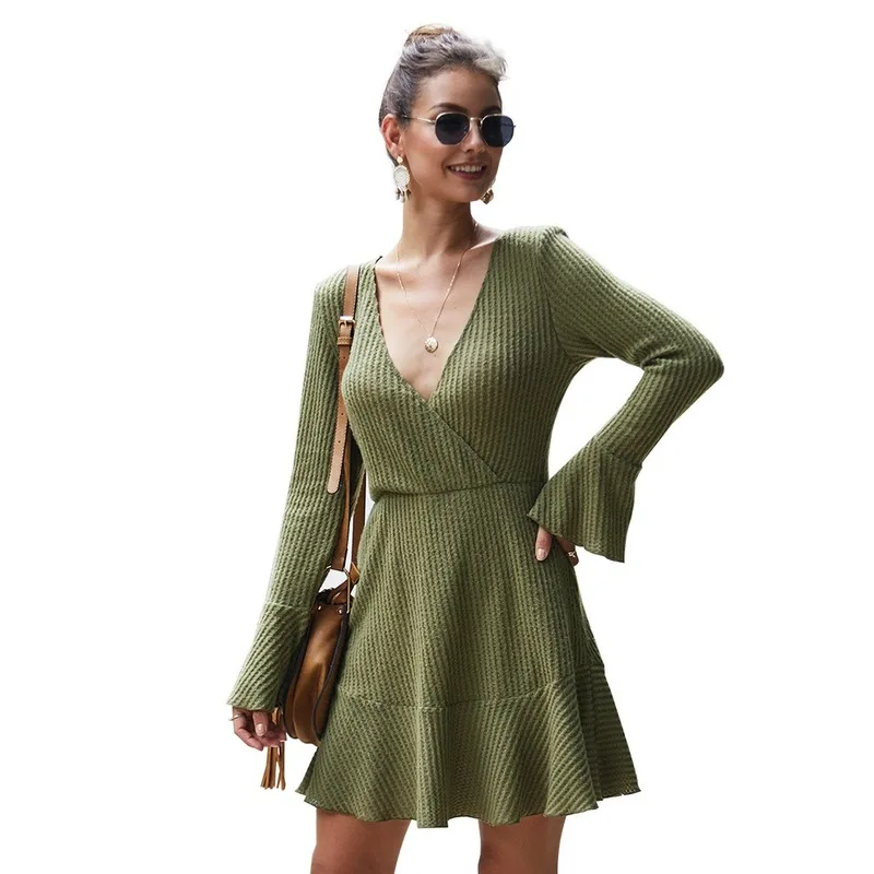 

2020 European and American Style Autumn Women's Popular V-neck Sexy Jersey Dress Commuter Simple Elegant Sexy Skirt