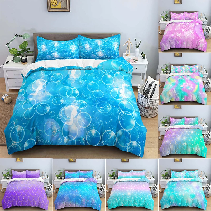 

Mermaid Scales Duvet Cover Blue Bubbles Quilt Cover Psychedelic Bedclothes Double Queen King Size Bedding Set Home Textile Set