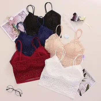 

B Women Lace Solid With Chest Pad Vest B ase Wire Free B ra Fixed Shoulder Strap Flower Hollow One Size Non-adjusted Strap B ra