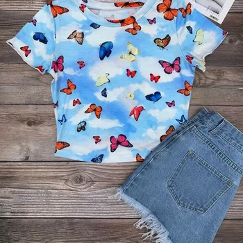 

GAOKE Women Fashion Tops Casual Short Sleeve O Neck Exposed Navel T Shirts Butterfly Print Ladies T Shirt