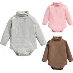 Barboteuse en coton doux pour nouveau né fille et garçon, combinaison côtelée à manches longues et col roulé, vêtements d'automne pour bébés 