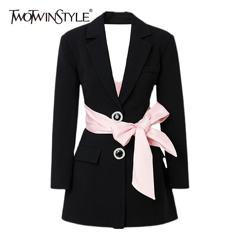 TWOTWINSTYLE Colorblock Casual damska kurtka jesienny ząbkowany z długim rękawem Patchwork diamentowa szczupła kobieta marynarka 2022 jesienna odzież 1 TWOTWINSTYLE Colorblock Casual damska kurtka jesienny ząbkowany z długim rękawem Patchwork diamentowa szczupła kobieta marynarka 2022 jesienna odzież 1