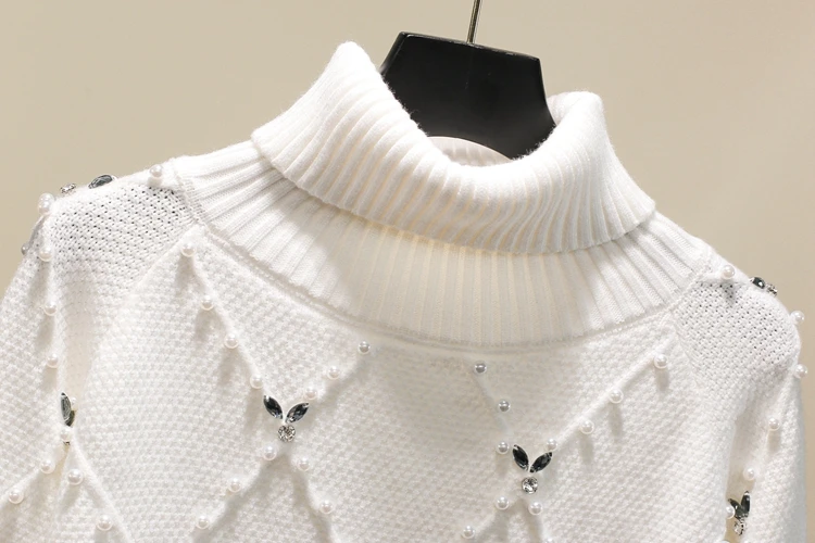 Diamonds beading turtleneck white sweater women