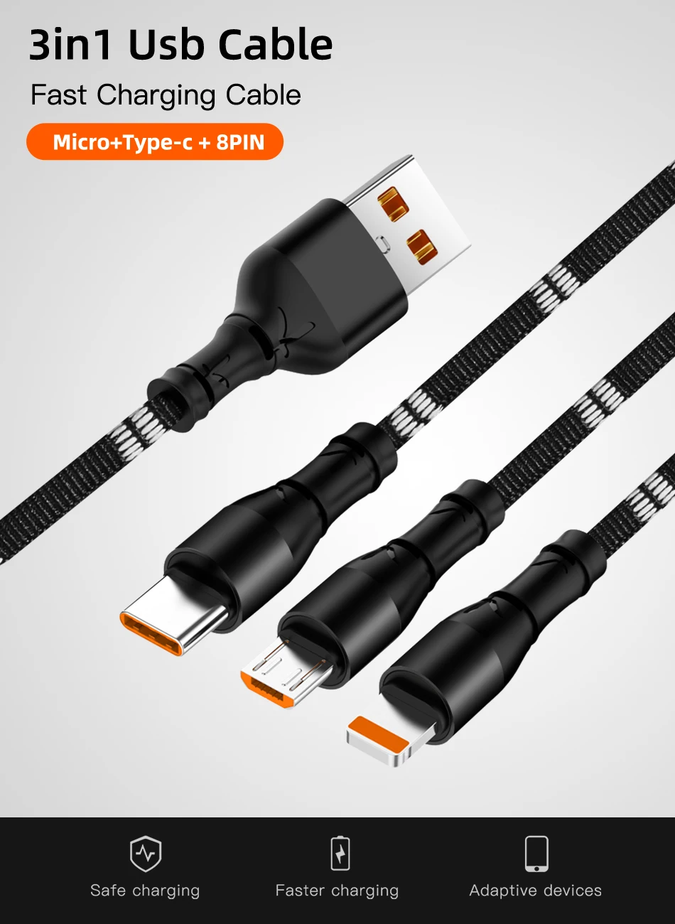 3 в 1 быстрая зарядка USB кабель для iPhone samsung Xiaomi 2.4A мульти зарядное устройство Micro USB 8 Pin кабель 2 в 1 телефон usb type C кабель