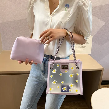 

Creative Design Transparent PVC Handbag Classic Texture Chic Daisy Flower Jelly Totes PU Shoulder Bag Composite Set