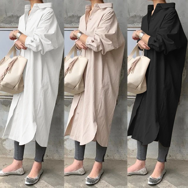 ZANZEA Plus Size Women Summer Sundress Elegant Long Shirt Dress Lapel Neck Long Sleeve Solid Vestido Casual Loose Work Dresses 1