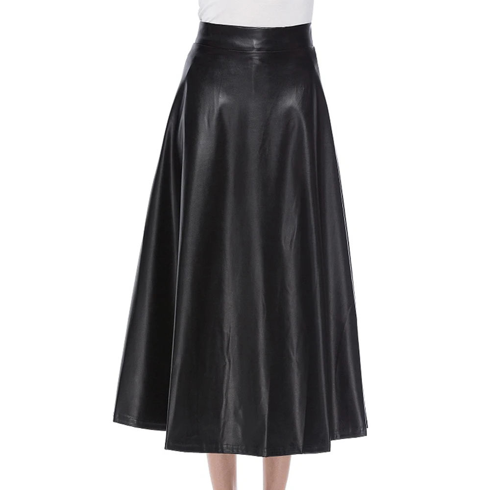 Autumn PU Leather Gothic Skirt Women Saia Faldas Maxi Long Skirts Womens High Waist A-Line Winter Black Vintage Pleated | Женская одежда