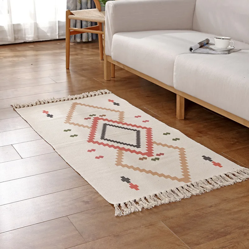 

60x180cm Area Rug Colorful Geometric Retro Carpet Cotton Linen Sofa Living Room Bohemian Tassels Rug Table Runner Floor Carpet