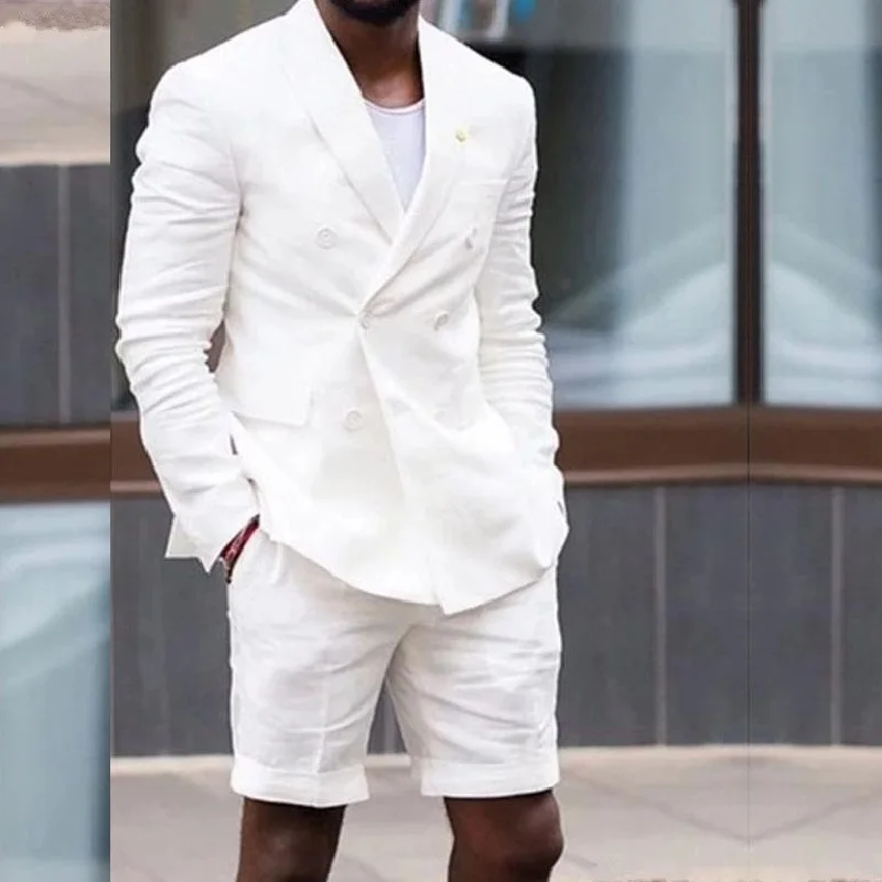

Костюмы мужские с двубортным блейзером, короткие брюки, повседневные стильные офисные костюмы из белого льна, на лето