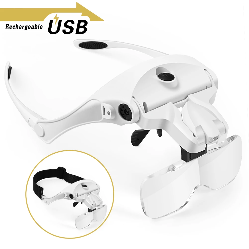 USB Rechargeable Helmet Repair Magnifier With 3 LED Light Replaceable Lenses 