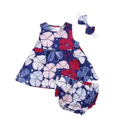 Летняя одежда для маленьких девочек, комплект из 3 предметов Одежда для маленьких девочек платье с цветочным рисунком топы + шорты, трусы +