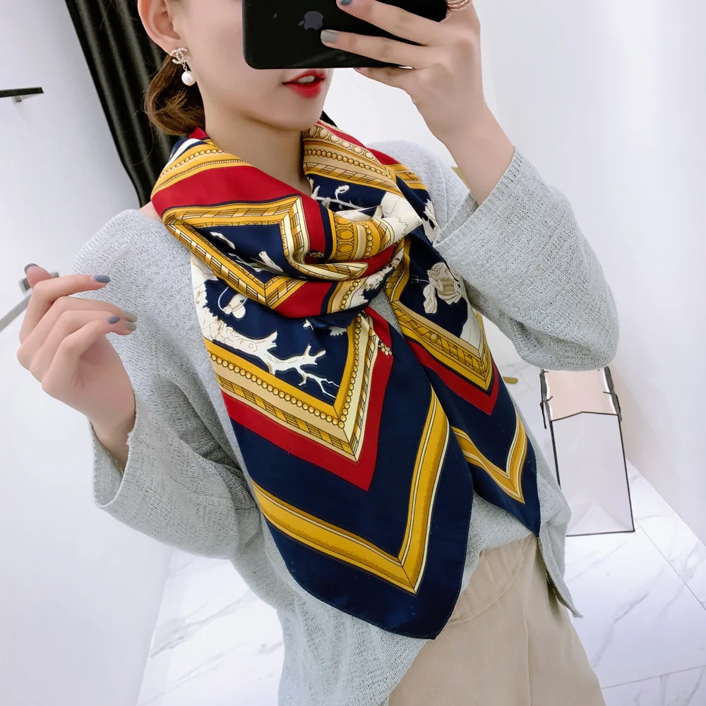 Саржевый Шелковый женский шарф, роскошный бренд, Европейский дизайн, шарф в клетку с принтом лошади, квадратные шарфы, модные шали, 130*130 см