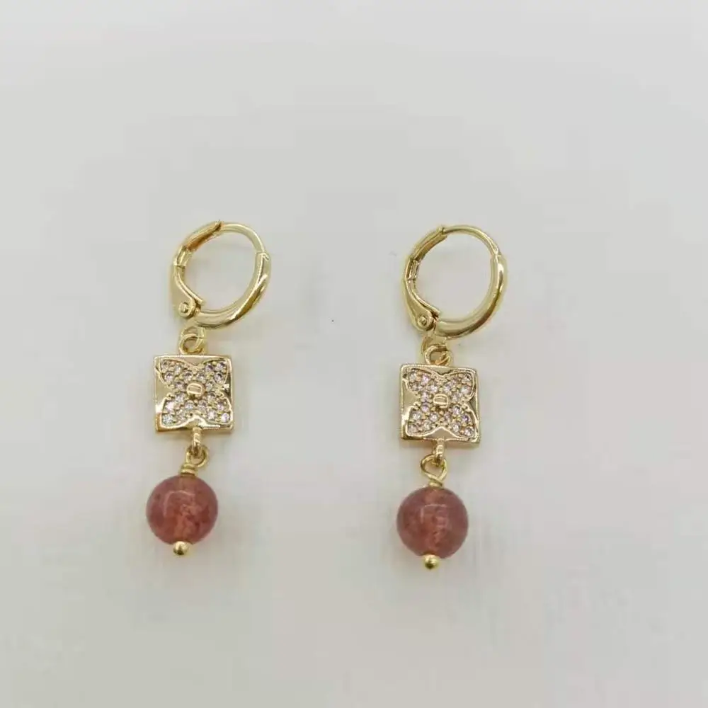

Zircon Strawberry Quartz Earrings Four Leaf Clover High Quality Natural Gemstones Charms 14K Gold Filled Hoops For Elegant Women