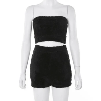 

Women 2 Piece Top Shorts Sets Casual Sleeveless Strapless Solid Color Exposed Navel Slim Fitting Suit