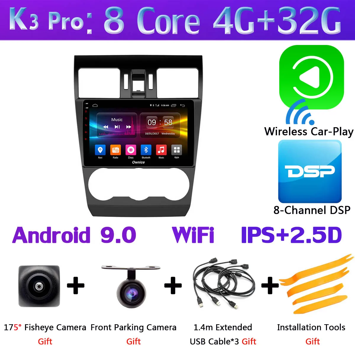 360 ° панорамный 4+ 64G Android 9,0 Автомобильный мультимедийный радио для Subaru XV Forester 2013- головное устройство gps навигация SPDIF DSP CarPlay - Цвет: K3 Pro CarPlay
