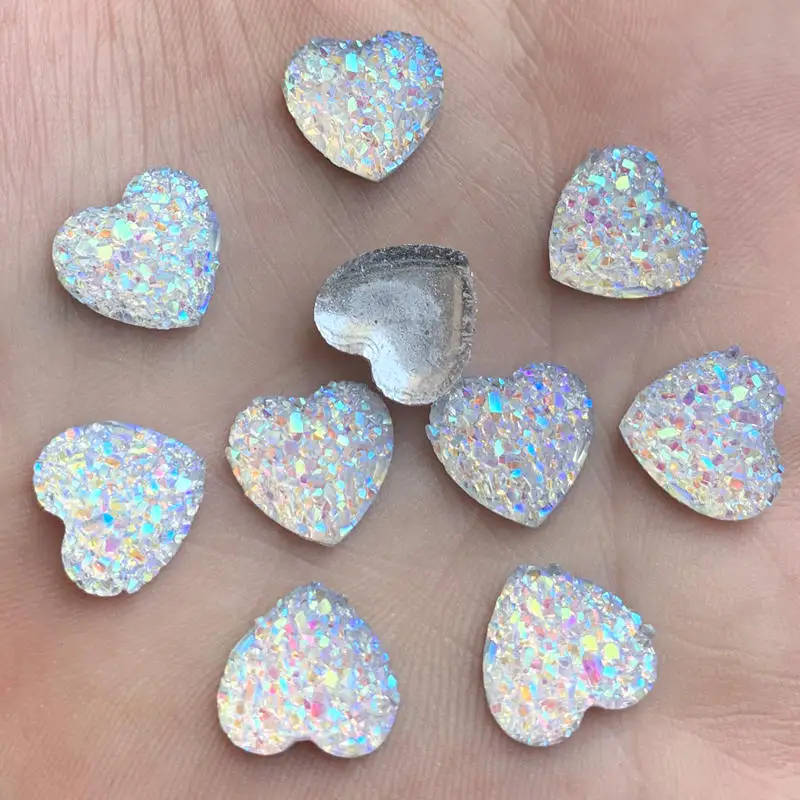 80PCS 12mm glitters AB 색상 미네랄 표면 심장 수지 라인 석 플랫 백 카보 숑 스톤 DIY 웨딩 장식 공예품