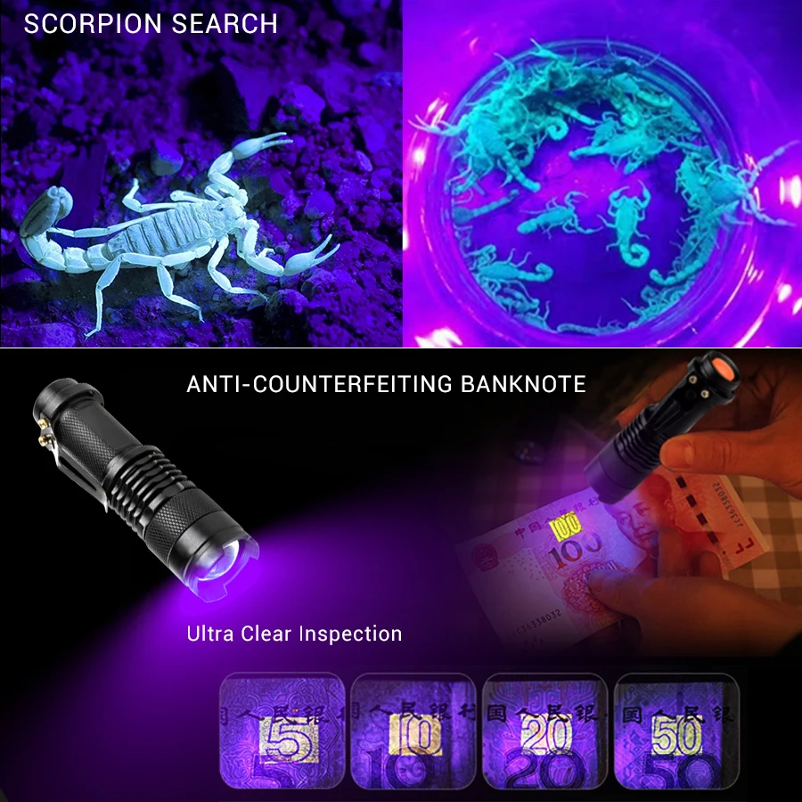 395nm 365nm LED UV Flashlight Ultraviolet Torch Zoomable Mini Linterna UV Light Pet Urine Stains Detector Scorpion Hunting led flashlight,mini flashlight,led flashlights,uv flashlight