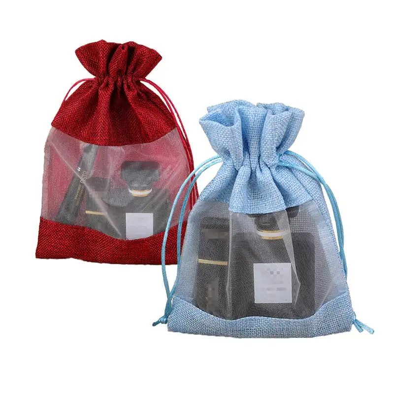 

2 pcs Drawstring Bags Linen Solid Color Eco-friendly Party Supplies Storage Bag Pouch with Organza Window for Gift Jewelry