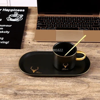 

European Luxurious Gold Rim Ceramics Coffee Cups and Saucers Spoon Sets with Gift Box Tea Soy Milk Breakfast Mugs Dessert Plate