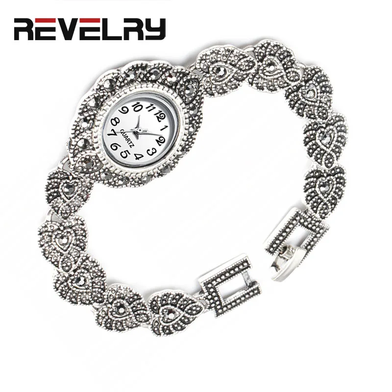Новые модные дизайнерские античные серебряные браслеты с кристаллами, кварцевые наручные часы для женщин, винтажные ювелирные часы для девушек - Цвет: Белый