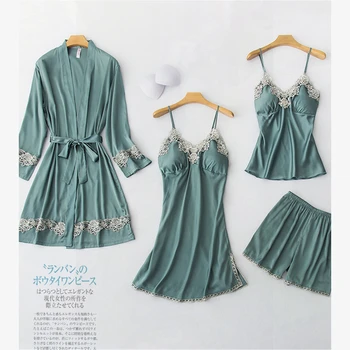 

Woman Home Clothes Sexy Silk Pajamas Satin Sleepwear Autumn Spring 5 Piece Pjs Set Pijama Pyjamas Women Pijama Mujer Shorts