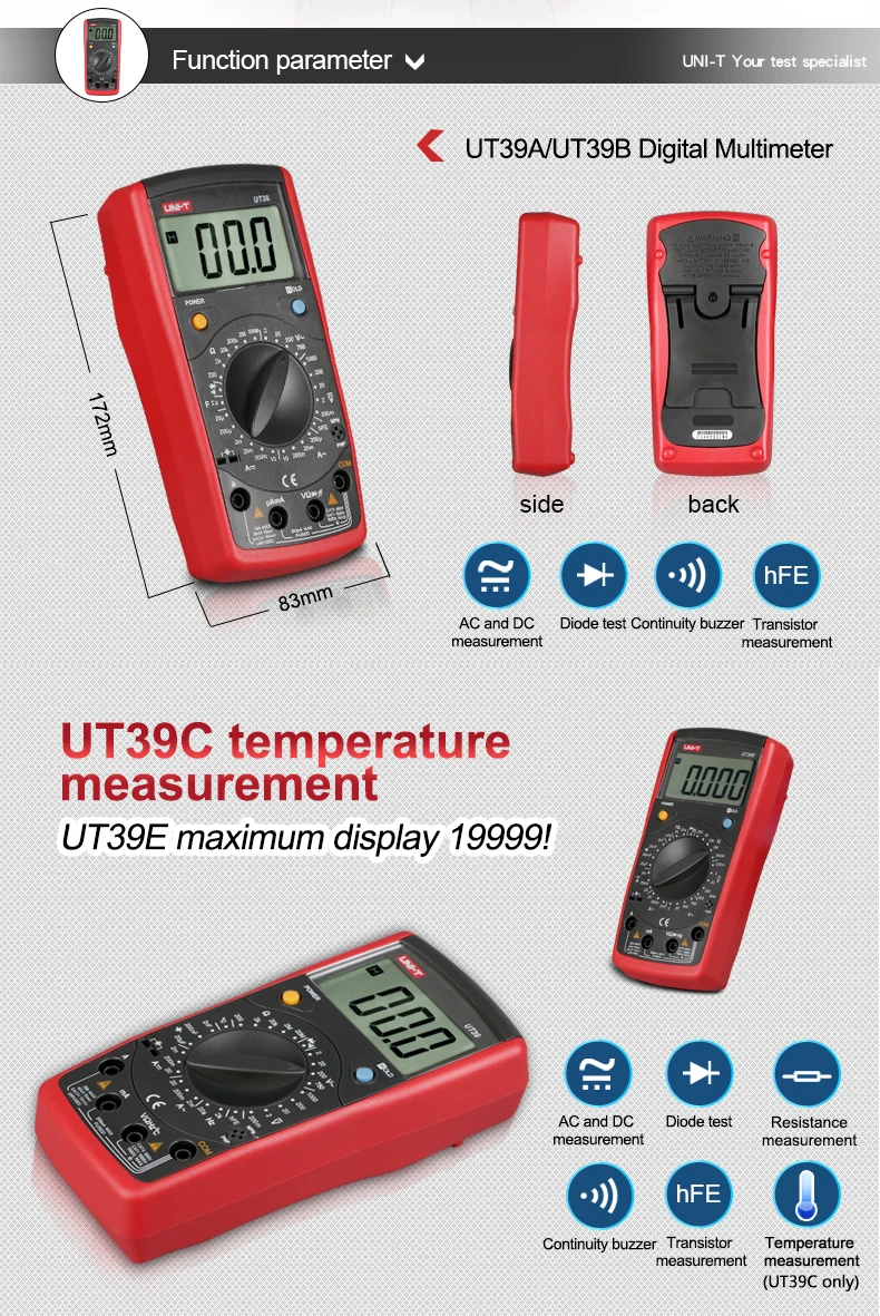 UNI-T Ручной цифровой мультиметр UT39B UT39E 20A 1000 В UNI T DC AC Вольт электрическое Емкостное измерительное устройство Тестер транзисторов