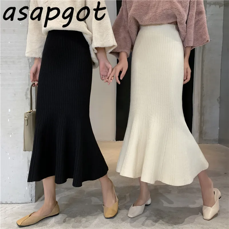 Asapgot otoño invierno coreano Chic volantes Slim cintura alta sirena Faldas las mujeres salvaje sólido de cadera de trompeta falda Faldas