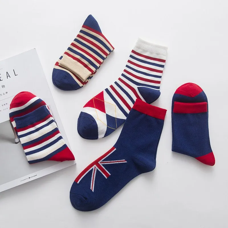 Мужские носки хлопковые повседневные полосатые флаги английская Мода с принтом 200 игла носки двойной высокий осень и зима - Цвет: 5 pairs