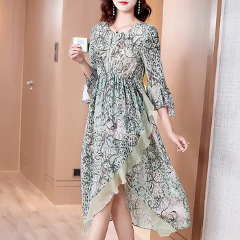 

Europe New 2020 Women's Summer High Fashion O Neck Elegant Printed 100% Silk Dress Female High Quality Asymmetrical Empire Dress