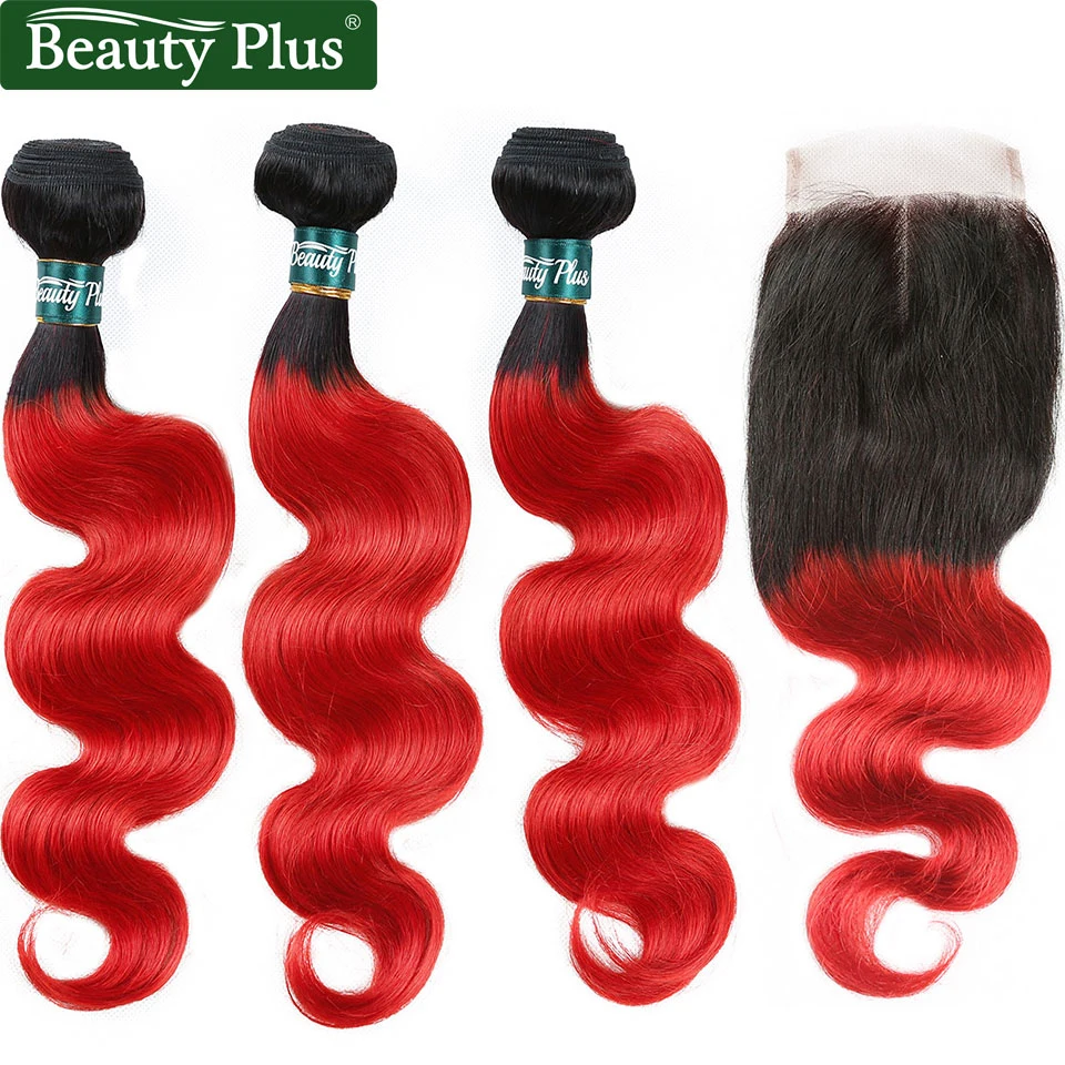 

Red Bundles With Closure Pre Colored Ombre Body Wave With Closure Dark Roots 3 Bundles Brazilian Remy Human Hair Weave BP