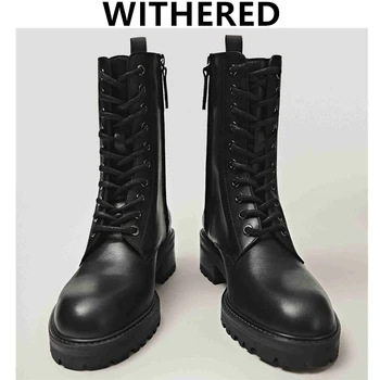 

Withered 2020 england vintage fashion cowhide High top Martin boots Motorcycle ankle boots women zippers botas mujer shoes women