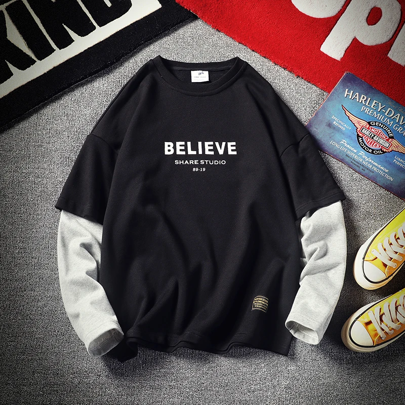 

2019 Spring Men's New Casual Contrast Color Long-sleeved Letter Printing Round Neck Hoodies Loose Temperament Trend Cotton