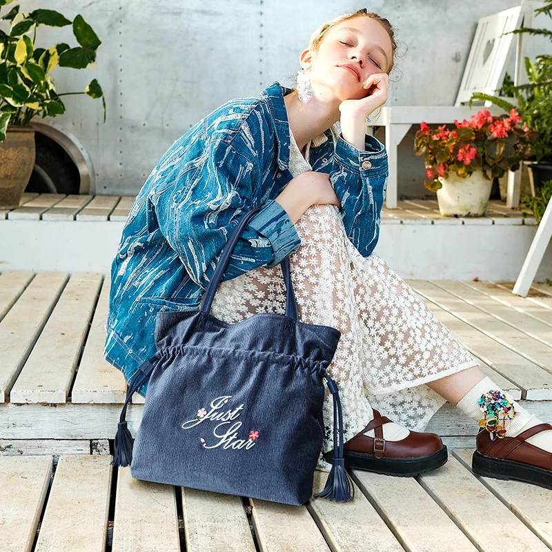 

EU Is Satisfied Bag WOMEN'S Bag New Style 2019 Large Capacity Casual Embroidered Corduroy Tassels Hand Toth Shoulder Bag