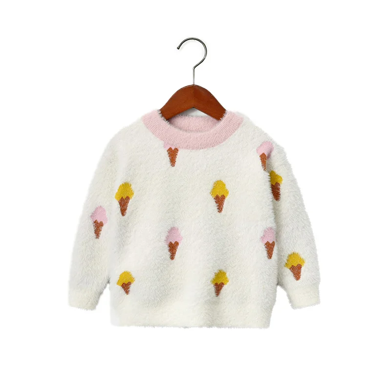Белый Children's sweater baby girl winter warm girl knitted thick clothes round neck pullover wool sweater imitation water velvet - Цвет: Белый