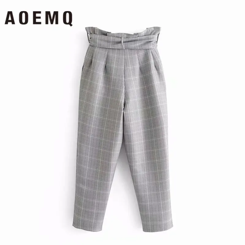 AOEMQ, модные штаны, английские, серые, с клетчатым принтом, женские штаны на пуговицах, кафе клуб, для офиса, леди, бизнес, для встречи, на шнуровке, штаны