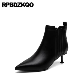 

fur genuine leather 2019 black short women ankle boots medium heel shoes brown fall slip on high stiletto pointy ladies chelsea