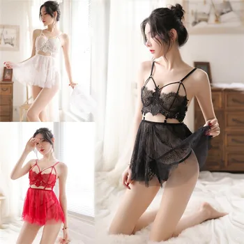 

Newest Sexy Fashion Sweet Cute Lace Backless Babydoll Sleepwear Dress Set Hollow-out Chemise Underwear for Women