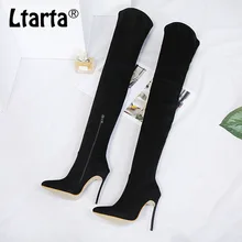 LTARTA/ г. Зимние высокие сапоги большого размера женские сапоги на высоком каблуке замшевые высокие сапоги-трубы выше колена с острым носком DF-yxb226-2