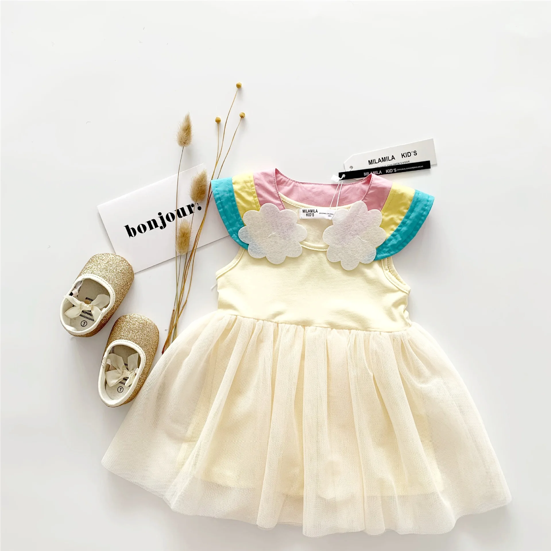 Tonytaobaby Summer New Baby Girl's Rainbow Beige Mesh Dress Girls Kids Dresses for | Детская одежда и обувь