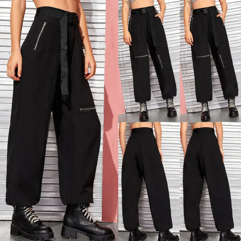 Женские брюки карго повседневные в стиле хип хоп с поясом однотонные свободные