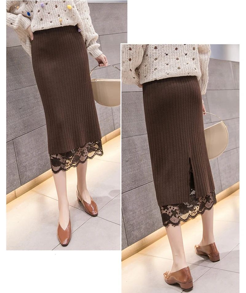 RealShe Women Skirt Long Solid Ruffles Lace Jupe Femme Spring Autumn Elegant Long Skirts Womens Knitted Pencil Skirt High Waist
