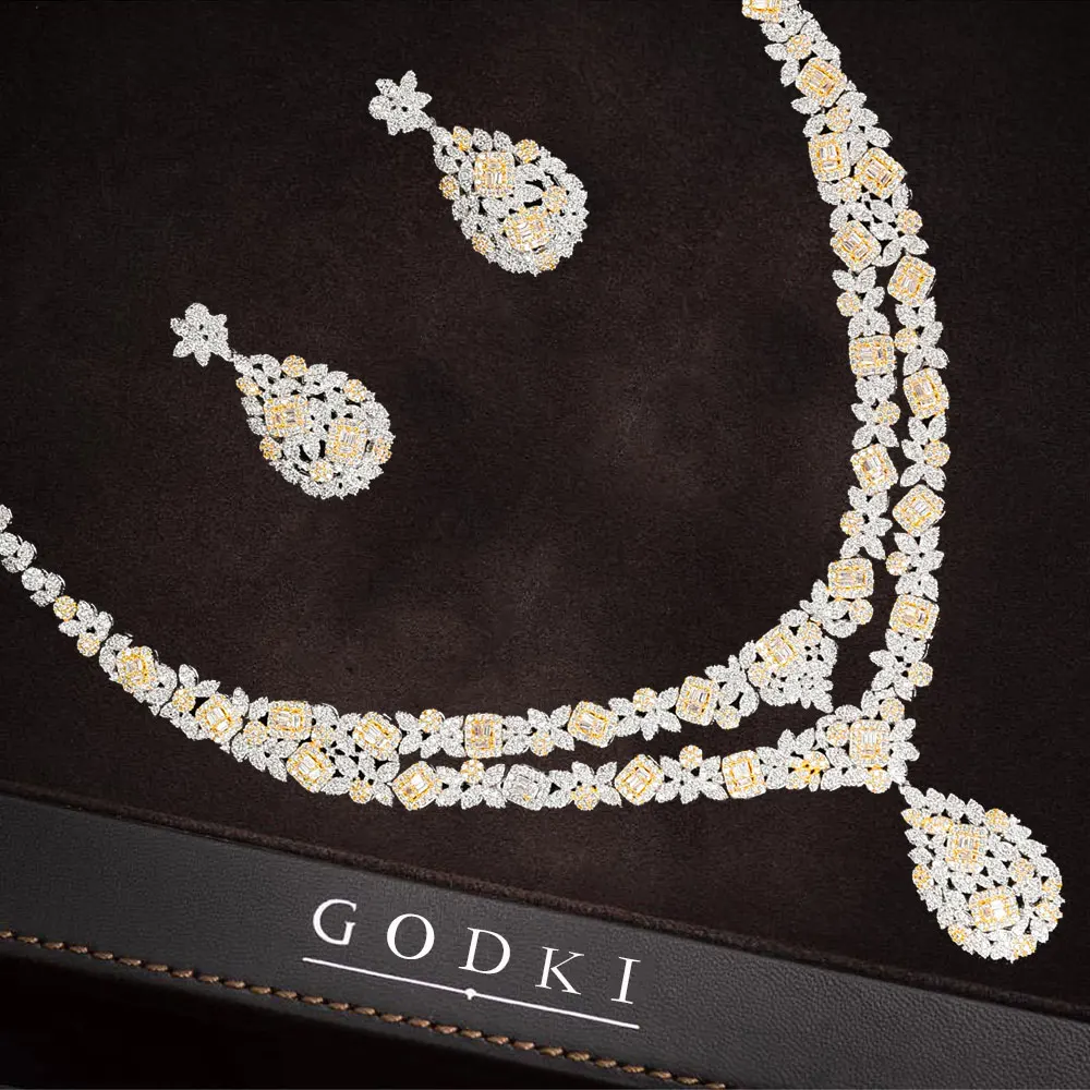 GODKI, 2 шт., модные подвески, ожерелье, серьги, ювелирные наборы для женщин, Дубай, свадебные с кубическим цирконом, роскошные массивные ювелирные наборы - Окраска металла: 2 Tone