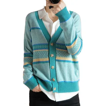 

Sparsil Woman Winter 100%Cashmere Knit Cardigan Female Autumn Warm Soft Loose V-neck Top Stripe Button Patchwork Elegant Sweater