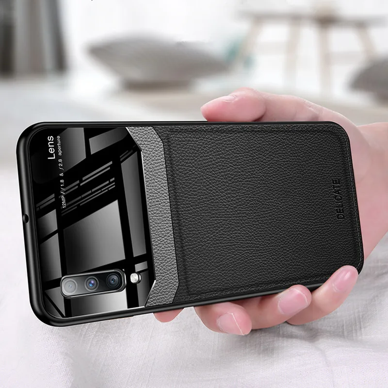 Luxury PU Leather Mirror Glass Case For Samsung A50 A70 A7 Note 8 9 10 Phone Cover Business Silicone Men Vintage Coque |