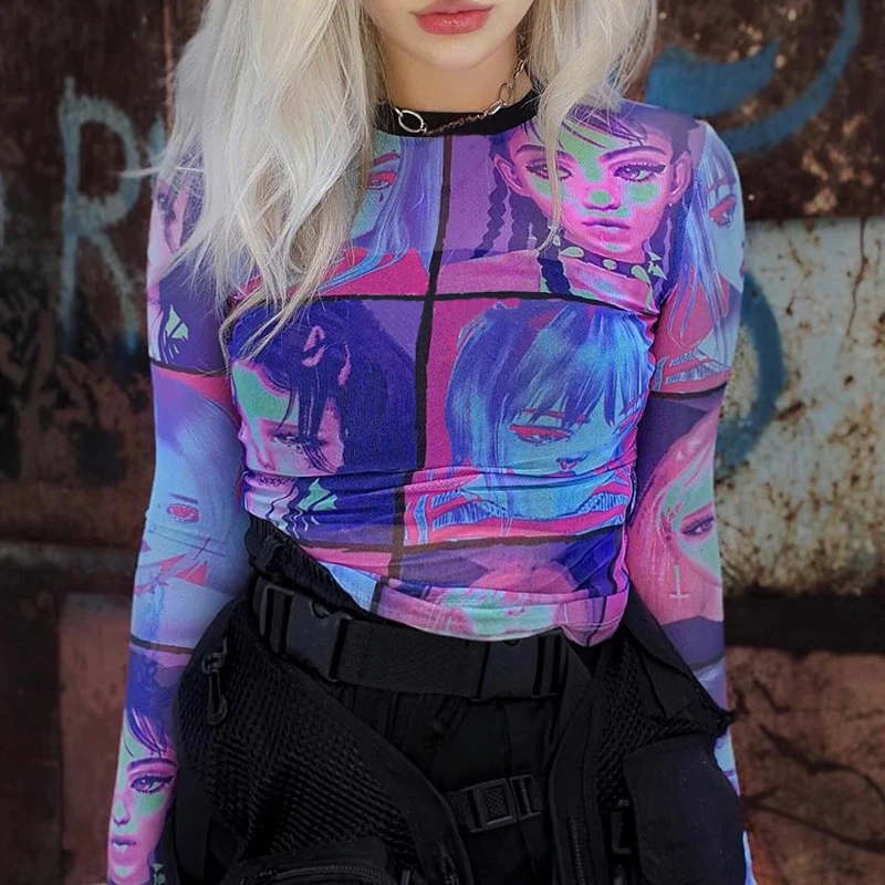 

Women Transparent Mesh Crop Tops Y2K Fairy Aesthetic Grunge T-Shirt Fashion Print Summer Streetwear Casual T-Shirts Bodycon