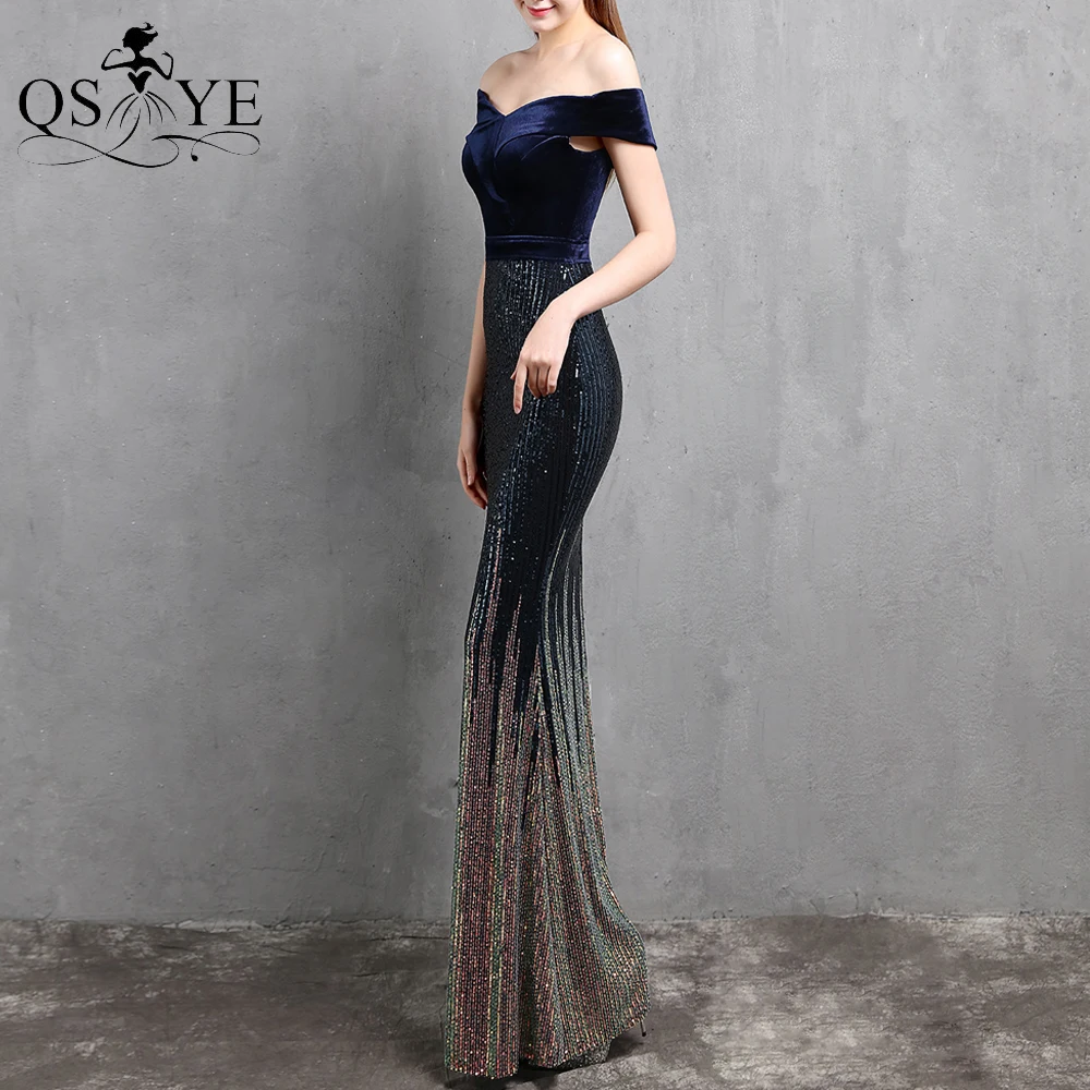 plus size formal dress QSYYE Emerald Evening Dress Mermaid Off Shoulder Sequin Evening Gown Velvet Elegant Party Dress Sequin Fading Fitted Formal Gown ball gown