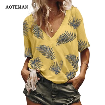 

Spring Summer T Shirt Women 2020 Casual Palm Leaves Print V Neck Women's T Shirt Fashion Oversize Loose T Shirts Female Tops