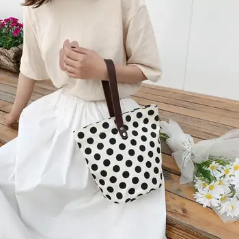 

Fashion Women Polka Dots Print Canvas Versatile Handbag Female Simple Casual Large Capacity Shopping Travel Totes Bag